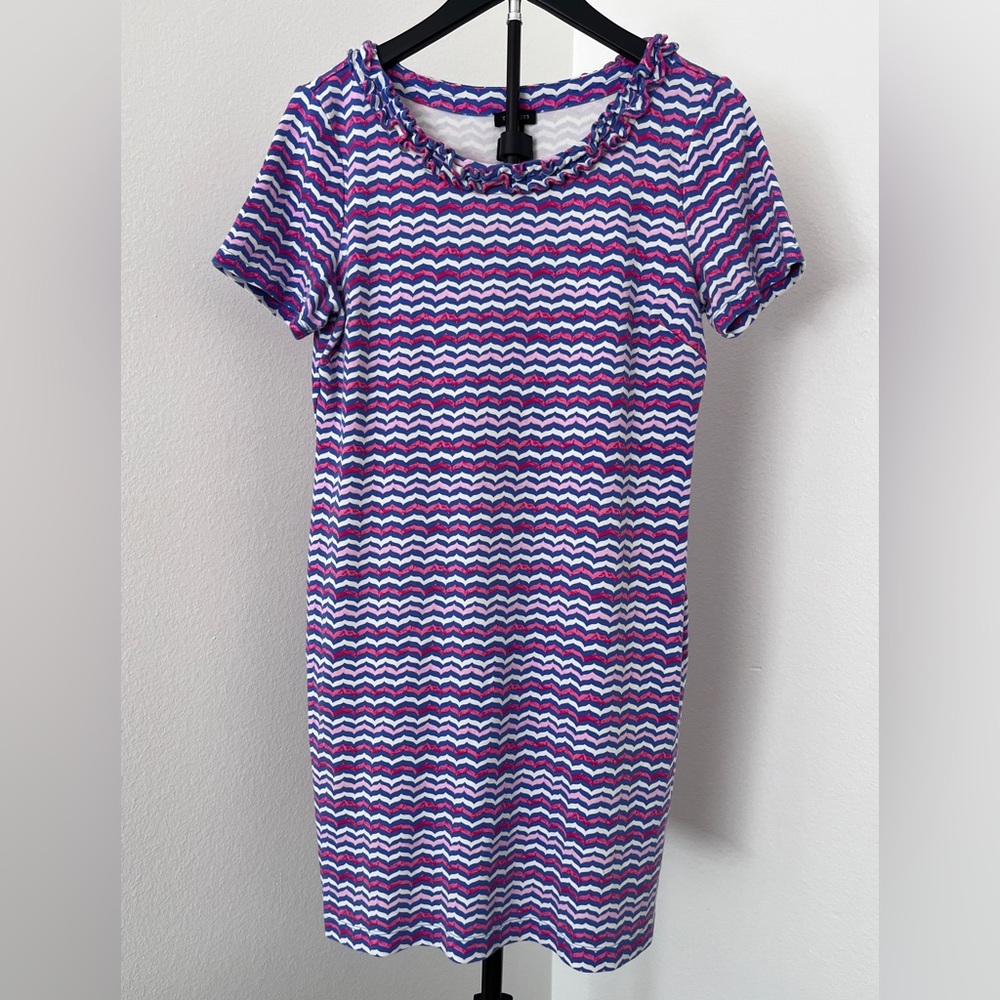 Talbots Cotton Ruffle Neck Dress Blue Pink Chevron | Preppy Summer Dress | SZ M